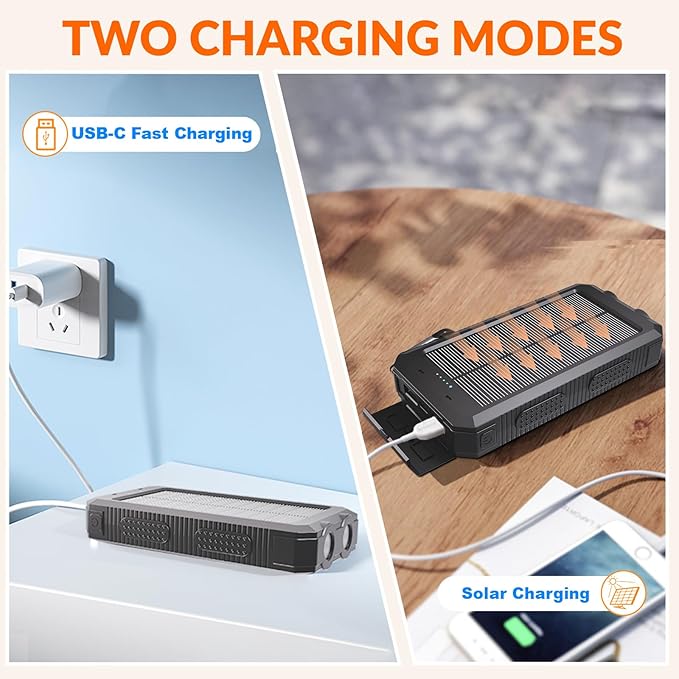 Power Bank Solar Charger 20,000mAh, Portable Phone Charger, 4 Cables Outdoor Waterproof External Backup Power Charger with USB-C for Cell Phones, Solar Battery Pack with Dual Flashlight for Camping