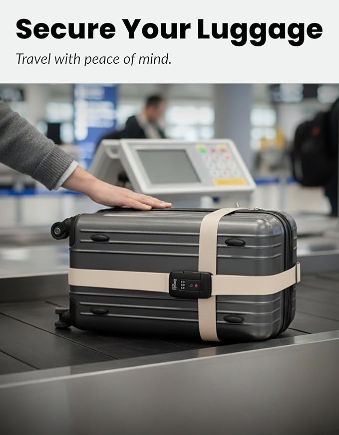 TSA Approved Luggage Straps – Set of 2 Anti-Burst Adjustable Polyester Suitcase Belts with 3-Dial Combination Lock – Prevents Accidental Opening, Secure Travel (Beige)