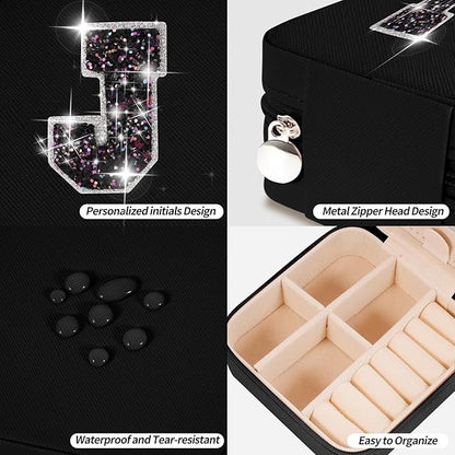 Travel Jewelry Case - Personalized Jewelry Box for Women,Small Jewelry Organizer Cute Jewelry Organizers and Storage Aesthetic,Travel Essentials Birthday Gifts for Girls Women | Black,J