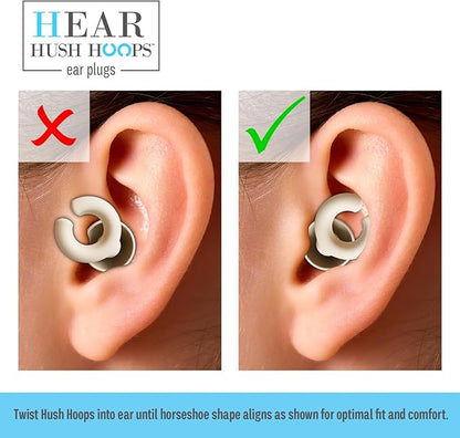 Hush Hoops Ear Plugs, Ultra-Soft Reusable Silicone Plugs with Horseshoe Shape for Comfort, Designed for Sleep and Sound Suppression, 17dB (NRR) Noise Reduction Rating, Cream, 1 Pair with Travel Case