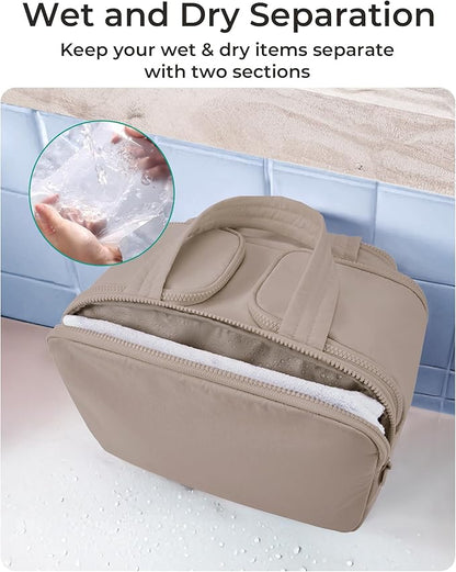 BAGSMART Travel Toiletry Bag, Crush Toiletry Bag for Women, Wide-open Puffy Toiletry Bags for Traveling, Large Travel Cosmetic Makeup Bag Organizer for Accessories,Toiletrie, Grayish Brown