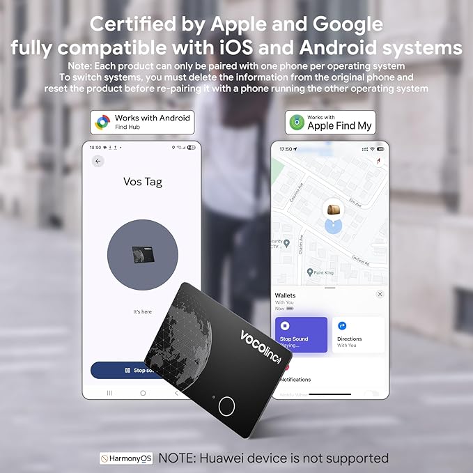 VOCOlinc Dual System Air Card Tag Pro 1 Pack, Rechargeable Wallet Tracker Item Finder Work with Android Google Find Hub or iOS Apple Find My APP (Huawei not Supported), Smart Locator for Luggage, Bags
