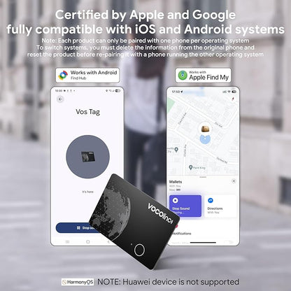 VOCOlinc Dual System Air Card Tag Pro 1 Pack, Rechargeable Wallet Tracker Item Finder Work with Android Google Find Hub or iOS Apple Find My APP (Huawei not Supported), Smart Locator for Luggage, Bags
