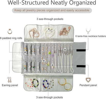 Velvet Travel Jewelry Case Roll Bag Organizer for Necklace Bracelet Earrings Ring (Black) (grey and black)