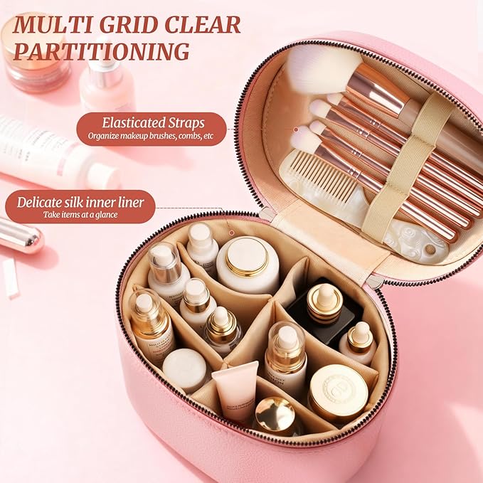 Makeup Case for Women,Travel Make Up Bag Organizer With Compartments and Handle,Portable Cosmetic Bags for Girl,Toiletry Bag for Women - Pink