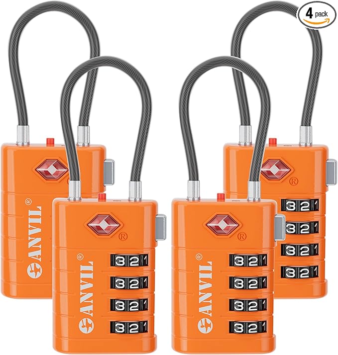 ANVIL TSA Approved Luggage Locks, 4 Digit Combination Travel Suitcase Locks with TSA008 Core and Open Alert Indicator, Zinc Alloy Body. (4, Orange)
