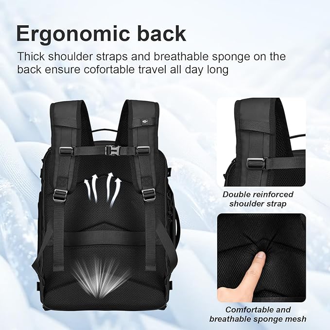 Carry On Travel Backpack Waterproof with Shoe Compartment Flight Approved Laptop Backpack Expandable Business Work Backpack for Women Men Casual Daypack, Black Film