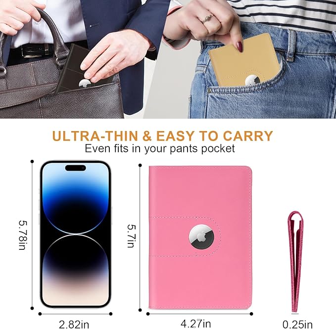 Genuine Leather Passport Holder for Travel Passport Covers with AirTag Slot Passport Wallets for Men Women Family Travel Christmas Gifts, Mens Womens Passport Holder, Pink
