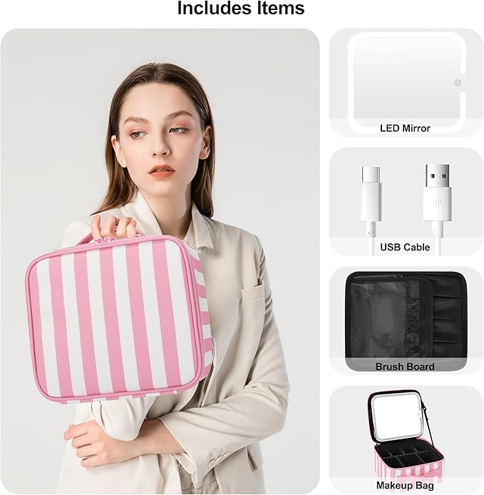TANTO Makeup Bag With LED Mirror, Travel Makeup Case with Light up Mirror Large Cosmetic Case with 3 Color Lighted Portable Organizer Bag with Adjustable Dividers (Pink/White Stripes, Small)