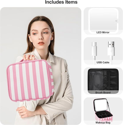 TANTO Makeup Bag With LED Mirror, Travel Makeup Case with Light up Mirror Large Cosmetic Case with 3 Color Lighted Portable Organizer Bag with Adjustable Dividers (Pink/White Stripes, Small)