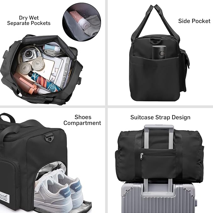 Sports Gym Duffel Bag with Shoes Compartment and Dry Wet Separated Pocket for Men and Women - Overnight Weekender Training Handbag Yoga Bag - Black