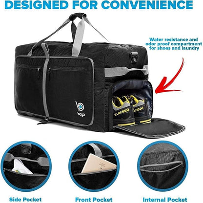 Bago Large Foldable Duffel Bags for Traveling Women & Men - 120L Packable Duffle Bag for Travel with Shoe Compartment - Water Repellant, Heavy Duty, Lightweight Folding & Collapsible (Black)