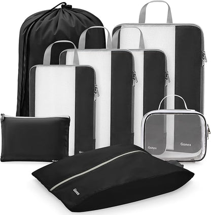 Gonex Expandable Mesh Packing Cubes - 8 Set Compression Organizer for Travel Essentials with Toiletry, Laundry, Shoe & Cable Bags - Black