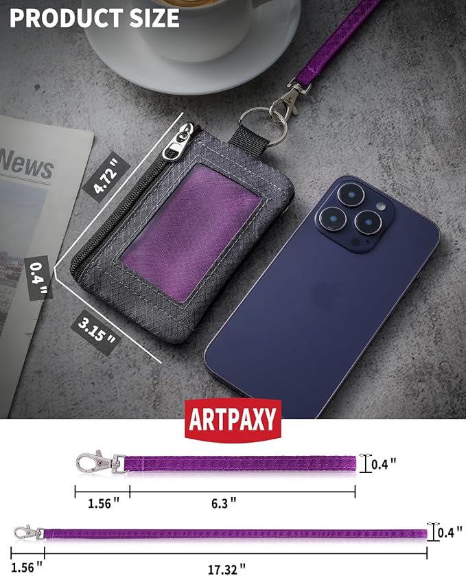 Minimalist Wallet For Mens Womens, Keychain RFID Blocking Zipper Small Wallet with ID Window 2 Lanyards,Water Resistant Travel Cash Card Coin Case Boys Girls