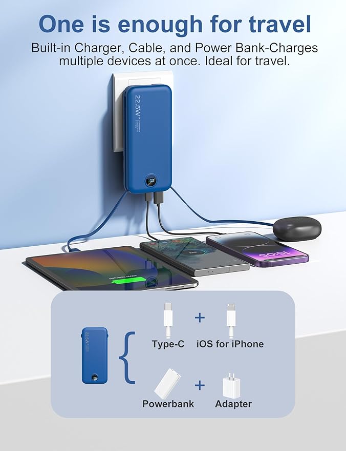 Portable Charger Power Bank, 12000mAh 22.5W USB C Fast Charging with Built-in Cables & Wall Plug, 5-in-1 External Battery Pack with LED Display, Perfect Backup for iPhone, iPad, Samsung Navy