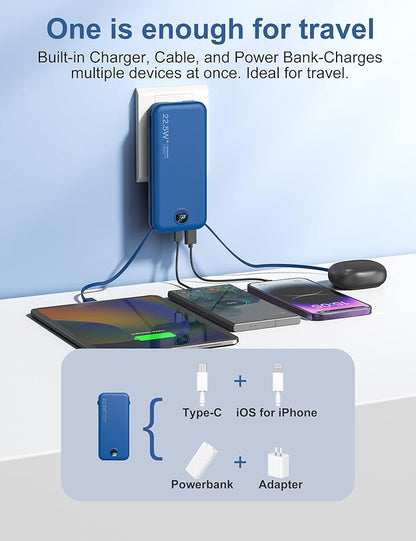 Portable Charger Power Bank, 12000mAh 22.5W USB C Fast Charging with Built-in Cables & Wall Plug, 5-in-1 External Battery Pack with LED Display, Perfect Backup for iPhone, iPad, Samsung Navy