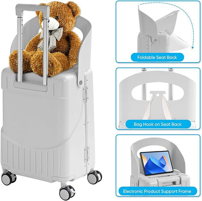 20'' Luggage with Child Seat, Ride On Suitcase with Shockproof Silent Spinner Wheels, TSA Lock, Carry On Luggage with Foldable Backrest, Bag Hook for Kids.