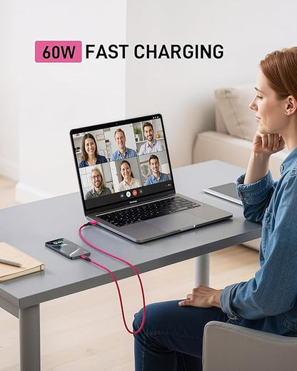 USB C Cable 60W Fast Charging [2 Pack 3FT], USB A to USB C Cable for CarPlay, USB to Type C iPhone Charger Durable Braided USBC Cord for iPhone 17/16/15/Pro Max, Samsung Galaxy S23 and More-Rose Red