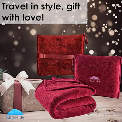 BlueHills Premium Soft Travel Blanket Pillow Airplane Blanket Packed in Soft Bag Pillowcase with Hand Luggage Belt and Backpack Clip Compact Large Long Flights Traveler Essentials Lightweight Red T001