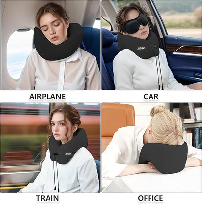 jiaao Memory Foam Travel Neck Pillow for Airplane- 360° Ergonomic Head and Neck Support for Flight, Car, Train, Bus - Soft Travel Pillow for Side & Back Sleepers with Travel Pouch（Black）