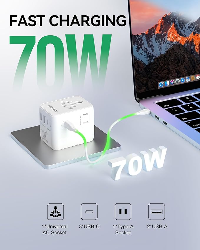 70W Universal Travel Plug Adapter,7-Port PD&QC Fast Charging Power Adapter(2AC&2USB-A&3USB-C),Worldwide Outlet Wall Charger for USA/EU/UK/AUS Over 200 Countries-Type C/A/G/I
