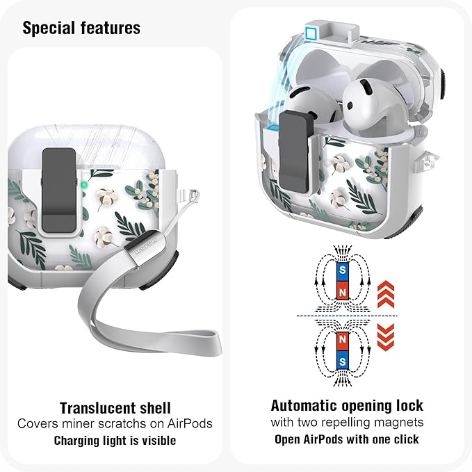 WENEW Case for AirPods 4th Case Cover Secure Lock Automatic Snap Switch Clip Cleaner Kit Lanyard Women Stylish Flower Armour Hard Shell Full Body Front LED Visible (Green Leaves, AirPods 4th)