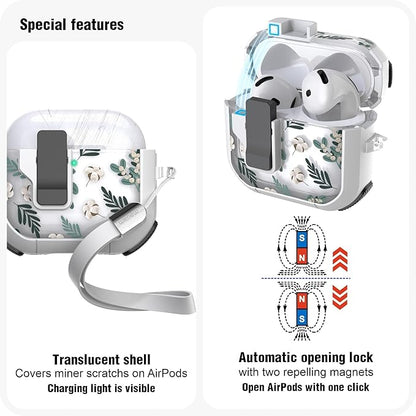 WENEW Case for AirPods 4th Case Cover Secure Lock Automatic Snap Switch Clip Cleaner Kit Lanyard Women Stylish Flower Armour Hard Shell Full Body Front LED Visible (Green Leaves, AirPods 4th)