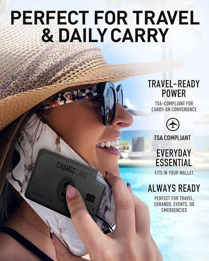 AquaVault ChargeCard – Ultra Slim Emergency Power Bank (2300mAh) – Fits in Wallet – USB-C & Micro-USB – Durable Steel Body – Flight-Safe for iPhone 12-17 & Android - Matte Black