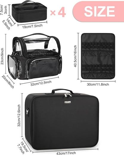 Relavel Extra Large Makeup Case Professional Cosmetic Storage Organizer Box Brush Holder with 4 Clear Set Bags & Lipstick Plate & Clear Makeup Brush Case for Makeup Artists Black