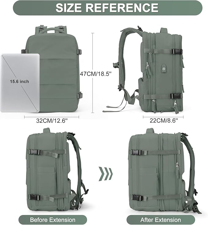 coofay Carry on Backpack Travel Backpack, Olive Green-expandable