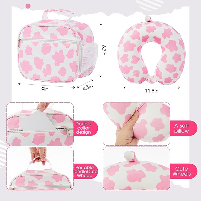 Redbaker 6 Pcs Kids Luggage Set 17 Inch Kids Rolling Luggage Double Pattern Suitcase for Girls Boys School Gift(Pink and White, 17 Inch, Cow Point Style)