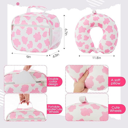 Redbaker 6 Pcs Kids Luggage Set 17 Inch Kids Rolling Luggage Double Pattern Suitcase for Girls Boys School Gift(Pink and White, 17 Inch, Cow Point Style)