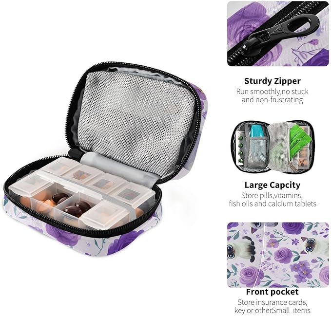Purple Floral Cute Cats Travel Pill Organizer Case Box Container Weekly Portable Vitamin Medicine Holder Storage Bag with Zipper Removable