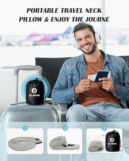 Inflatable Neck Pillow for Travel, Travel Pillow Support Head and Neck, Travel Neck Pillow for Airplane,Train,Car,Office,Home,Washable Cover (Grey)