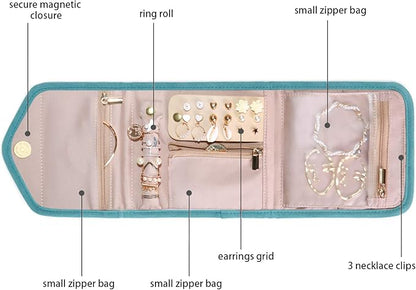 BAGSMART Travel Jewelry Organizer Case Foldable Jewelry Roll for Journey Rings, Necklaces, Earrings, Bracelets,Mini,Teal