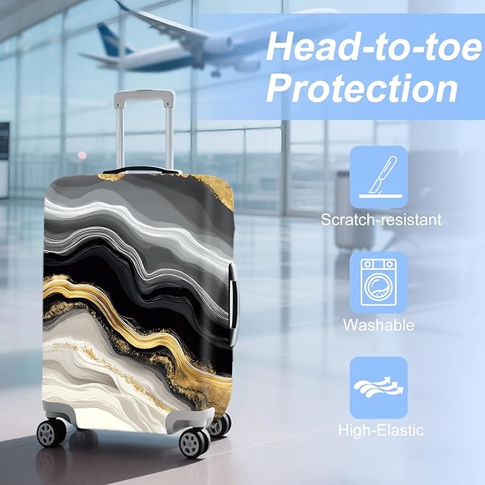 FOREVER QUEEN Gradient White Black Gold Marble Luggage Cover Suitcase Protector Suitcase Cover Anti-Scratch,Stretchable Bag Cover Washable Durable Polyester