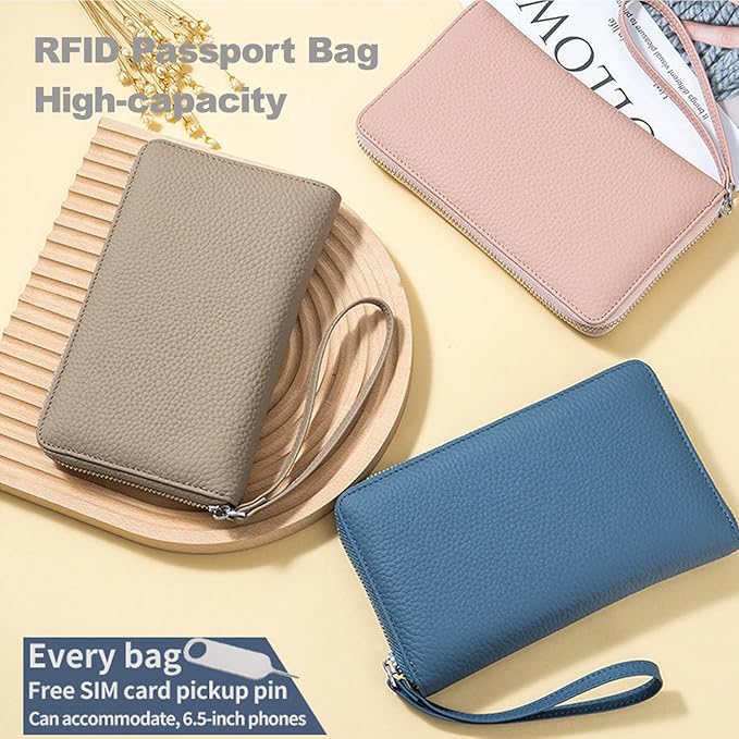 Leather Travel Wallet, RFID passport wallet for travel, with Zippered Pocket and Cash Slot, for Secure Traveling and Documentation Organizer（Denim blue）