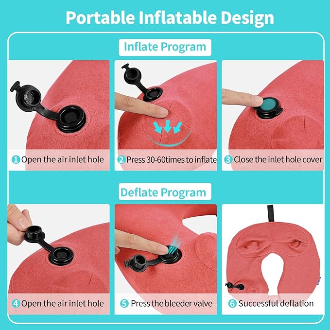 2 Pack Inflatable Travel Neck Pillows for Airplanes, Head Support Velvet Adult Neck Pillows for Long Flight, Kit with Eye Mask, Earplugs and Storage Bag, 2, Rose Pink