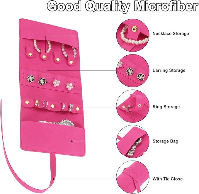 uxcell Travel Jewelry Bag Roll, Foldable Jewelry Travel Organizer with Tie Close Microfiber Jewelry Storage Roll Jewelry Case for Women Gift Necklaces Earrings Rings Bracelets, Rose Red