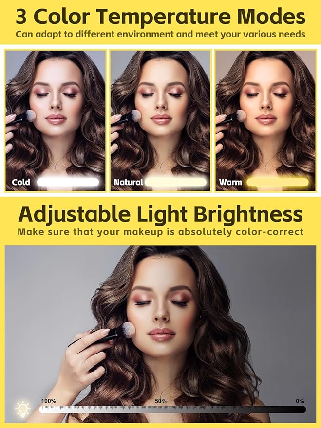 Kalolary Travel Makeup Train Cases with Lighted Mirror 3 Color Setting, Makeup Bag Cosmetic Case Organizer Adjustable Brightness Portable Makeup Storage Box with Detachable 5X Magnifying Mirror Yellow