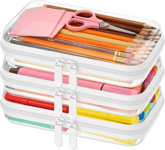 3PCS Clear Hard Shell Zipper Case,Toy Organizers and Storage Box,Clear Toiletry Cosmetic Case,Travel Makeup Bags, Diaper Bag Organizer,Pencil Case,Stackable Portable Transparent Zipper Pouches White-S