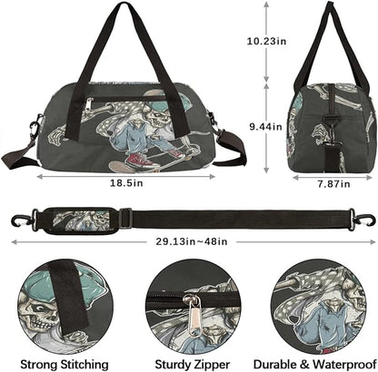 Cool Human Skeleton Skateboard Gym Duffle Bag for Kids,Sports Bag for Teens Boys & Girls Small Waterproof Overnight Weekender Carry School Practice Travel Bag