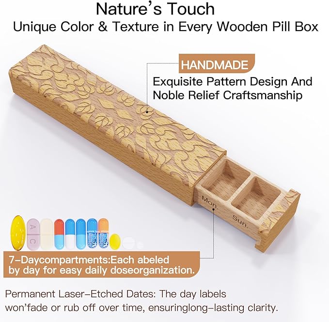 Wooden Pill Organizer, 7 Day Pill Box, Travel Pill Box, Wooden Pill Case Privacy Protection Perfect for Medication, Vitamins, Fish Oils, Supplements (Plus Beech)
