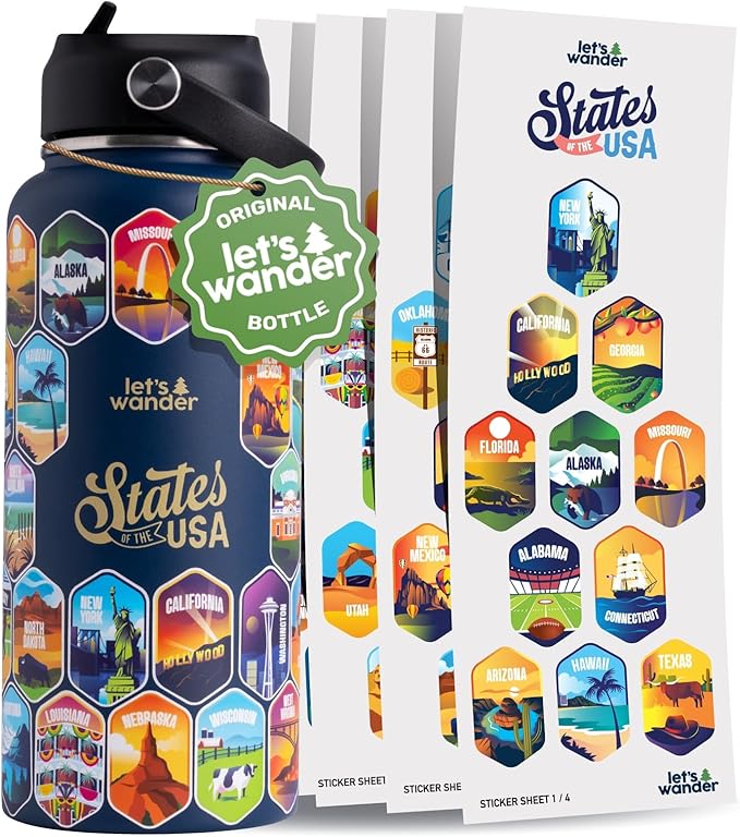 LET'S WANDER 50 States Water Bottle with Waterproof Stickers - 32oz Leakproof Insulated Stainless Steel with Straw - States of the USA Gift Bottle (Blue)