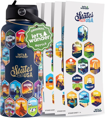 LET'S WANDER 50 States Water Bottle with Waterproof Stickers - 32oz Leakproof Insulated Stainless Steel with Straw - States of the USA Gift Bottle (Blue)