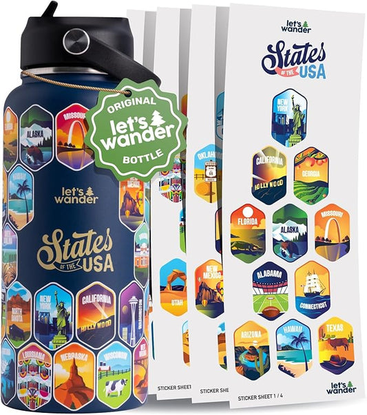 LET'S WANDER 50 States Water Bottle with Waterproof Stickers - 32oz Leakproof Insulated Stainless Steel with Straw - States of the USA Gift Bottle (Blue)