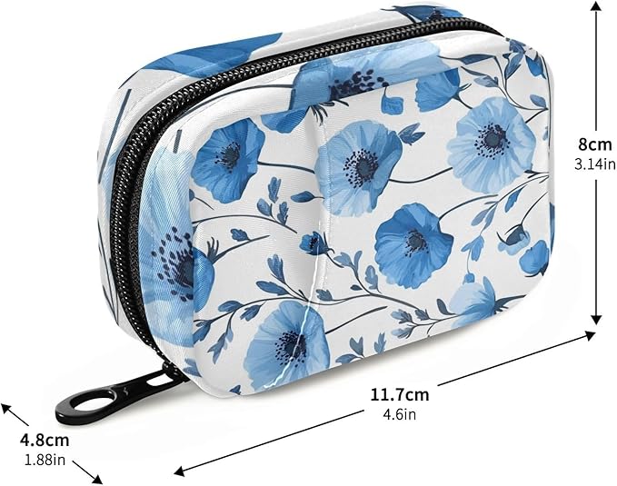 Pill Organizer Box Case Weekly Travel Pill Container Holder 7Day Cute Vitamin Organizer Dispenser Sorter Planner Storage Small Compact Blue Poppy Flowers and Branches03