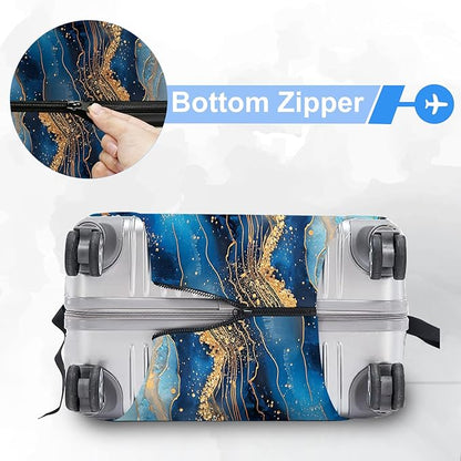 FOREVER QUEEN Luxury Golden Blue Marble Luggage Cover Suitcase Protector Suitcase Cover Anti-Scratch,Stretchable Bag Cover Washable Durable Polyester