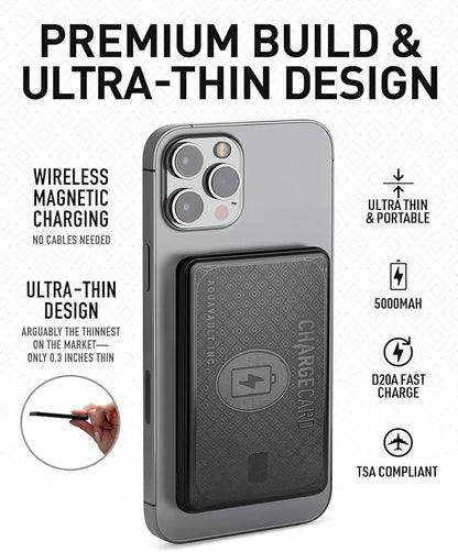 AquaVault Chargecard Magsafe Portable Charger 5000mAh 20W Fast Charge - Magnetic Power Bank, Ultra-Slim Battery Pack Compatible with iPhone 12-17 Series (Matte Black)