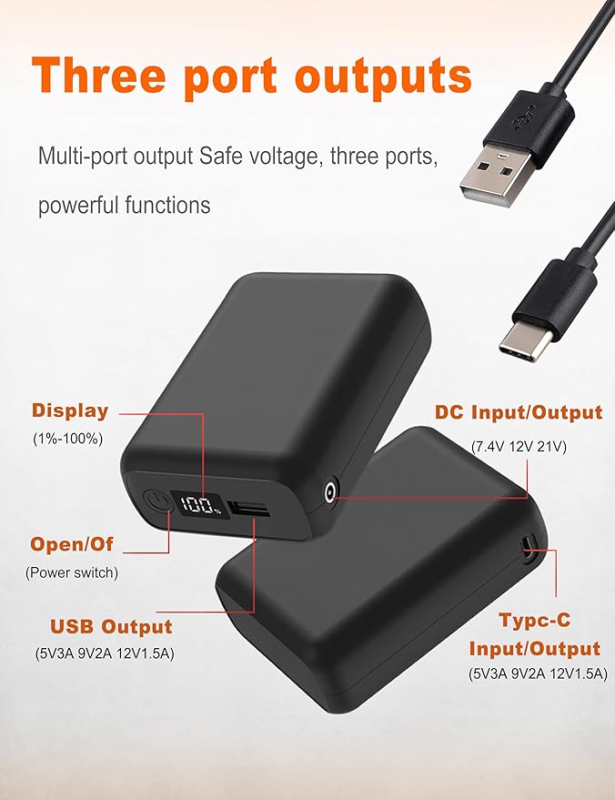 Pexzey 𝟳.𝟰𝗩/𝟱𝗩 𝟮𝟬𝟬𝟬𝟬𝗺𝗔𝗵 Heated Vest Battery Pack, LED Display, Power Bank with USB/Type-C/DC 3.8 Output and LED Display, Portable Charger, Compatible with Heated Vests, Jackets, Pants